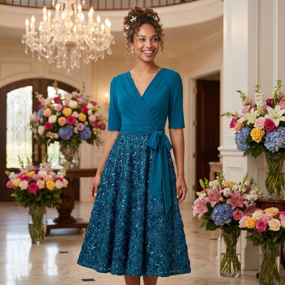 Alex Evenings Rosette Sequin Gown Women 8 Teal Blue Formal Elegant Wedding Guest